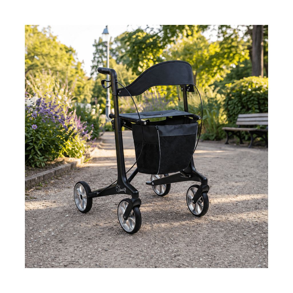 BLACK Kulfiberrollator 5,3 kg | Komplettes Zubehör | Weiche Räder
