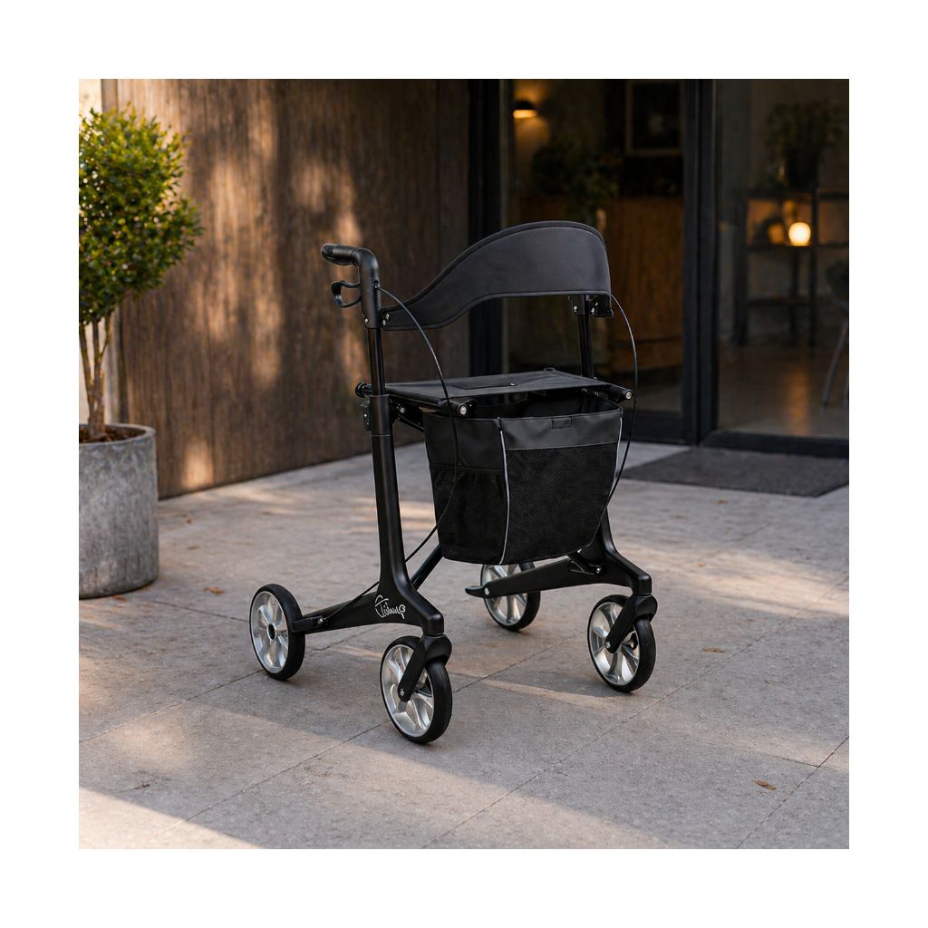 BLACK Kulfiberrollator 5,3 kg | Komplettes Zubehör | Weiche Räder